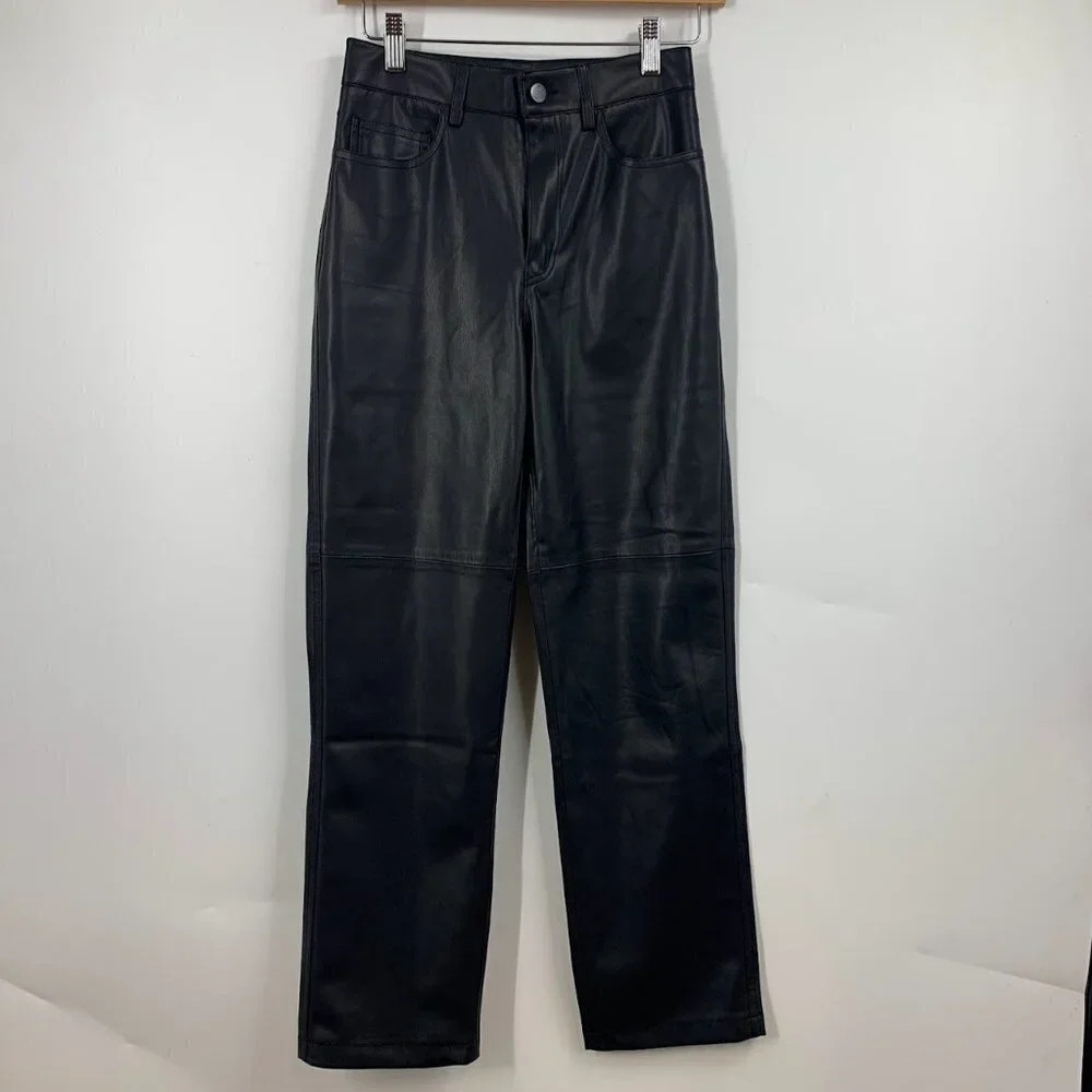 Mango MNG Women's Leather Effect High Waist Straight Pants Size 32 NWT